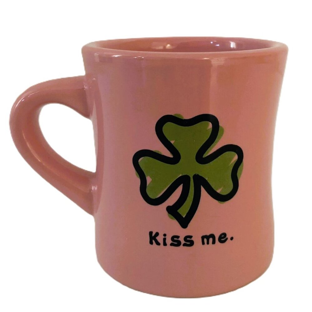 LIFE IS GOOD Pink Ceramic Mug St. Patrick’s Day Shamrock “Kiss Me”  12 ounces